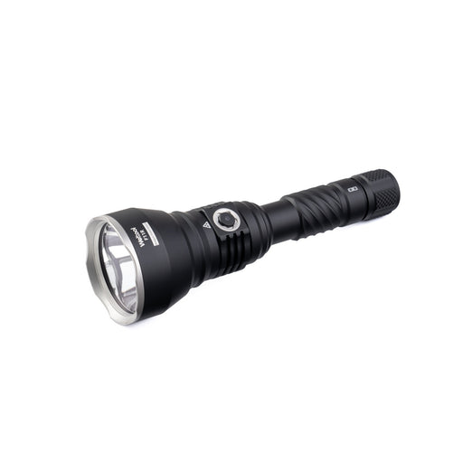 The Weltool F11R is a black handheld, 2100-lumen flashlight with a textured grip, a concave reflector, and multiple operational buttons on the body. Featuring a USB-C charging structure, this rechargeable long-range LED flashlight is both powerful and convenient.