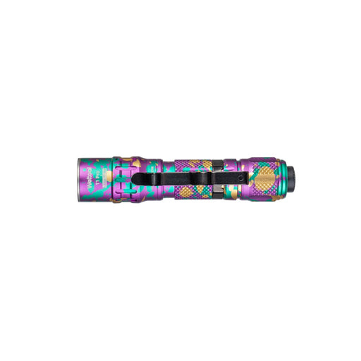 The Weltool T1Pro V2 Colorful Version is a small, vibrant EDC LED flashlight, showcasing a blend of purple, green, and yellow colors with a sleek black clip on its body. It also features a 14500 lithium-ion battery for extended use.