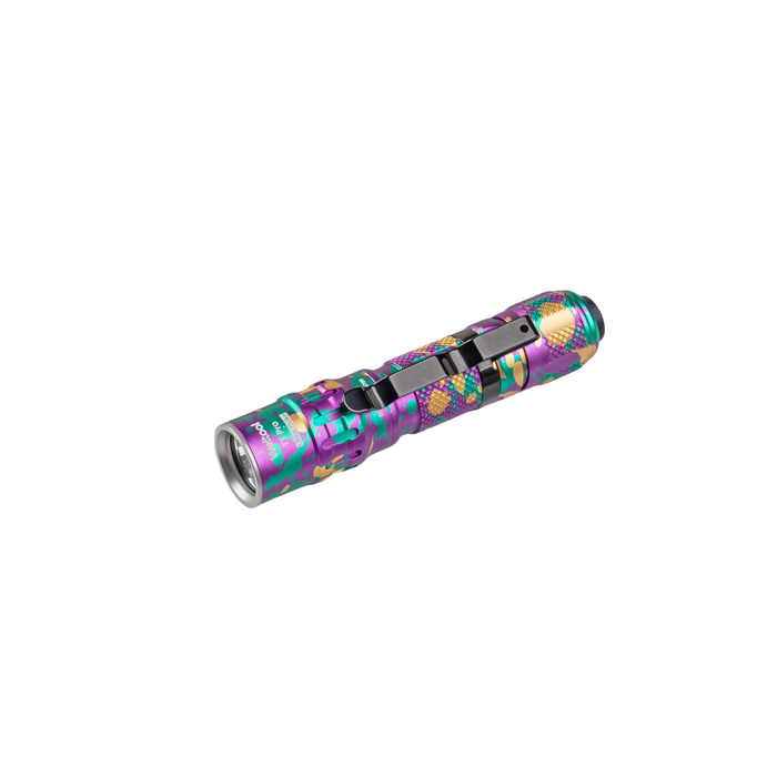 The Weltool T1Pro V2 Colorful Version is a vibrant, iridescent EDC LED flashlight with a striking purple, green, and yellow design, complemented by a black clip along its side. This flashlight is powered by a 14500 lithium-ion battery.