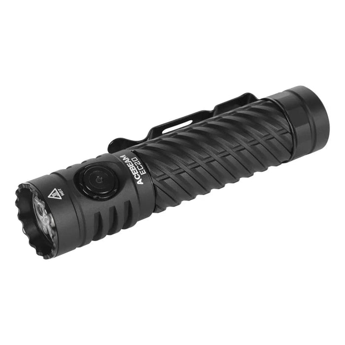 The Acebeam EC20 is a black EDC flashlight featuring a ribbed grip and a button near the head, ideal for outdoor adventures.