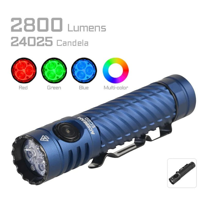 The Acebeam EC20 is a compact black EDC flashlight offering 2800 lumens and 24025 candela, ideal for outdoor adventures. It features vibrant red, green, blue, and multi-color lighting options. The image highlights its sleek side view design.