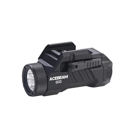 The Acebeam G10 Rail Mounted Light is a black tactical flashlight featuring a compact design, side switch, and a powerful 600 lumens output.