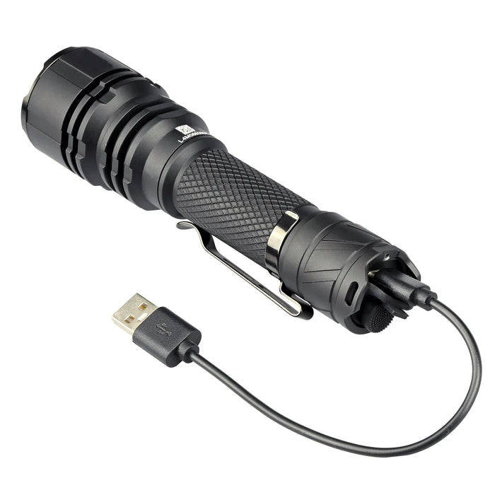 The Acebeam L16 2.0 Tactical Flashlight is a black, long-range tactical flashlight featuring a textured grip and capable of 2100 lumens, connected to a USB charging cable.