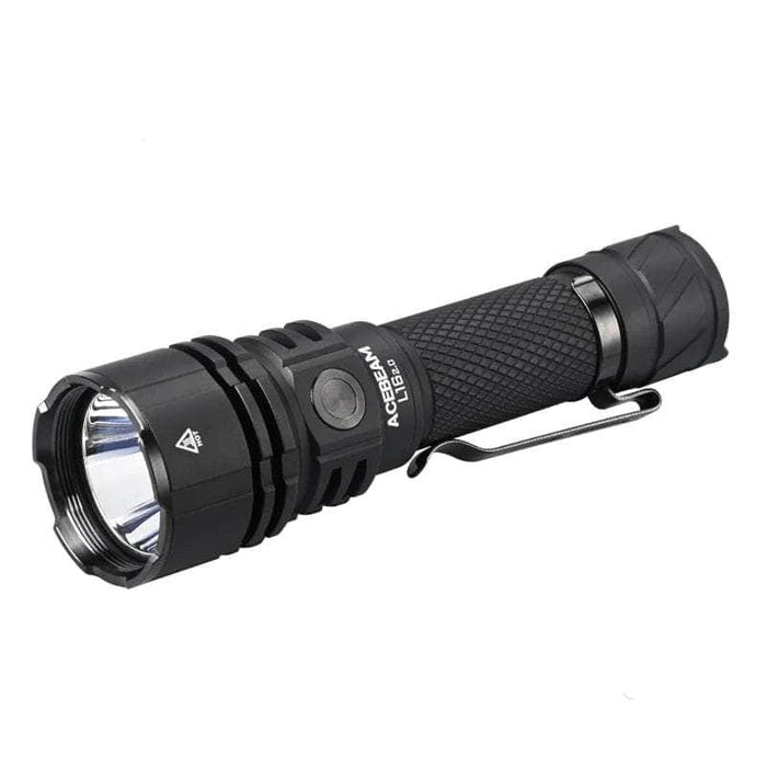 A black Acebeam L16 2.0 Tactical Flashlight with a textured grip, side button, clip, and a reflective lens housing is shown against a white background. The USB-C tail switch and 2100 lumens output make it perfect for any situation.