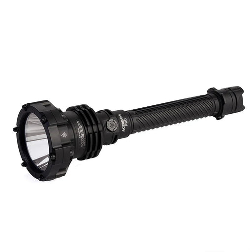 An Acebeam P20 flashlight in black, featuring a long handle with a ribbed grip, a wide lens at the head, and an impressive 5500 lumens output.