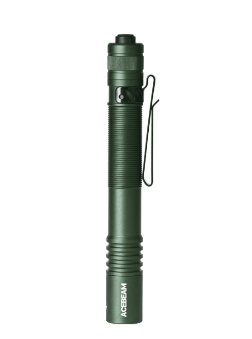 The Acebeam Pokelit 2AA is a green metal handheld flashlight featuring a textured grip, a clip for convenience, and a black push button on top. This flashlight stands upright and utilizes a high CRI LED for superior lighting quality, with the brand name "Acebeam Pokelit 2AA" printed at the bottom.