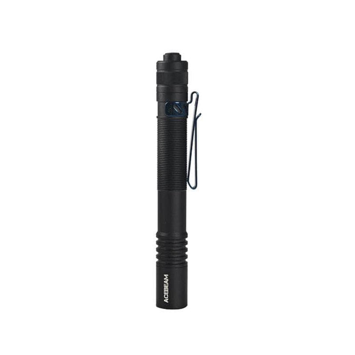 The Acebeam Pokelit 2AA is a sleek, black handheld flashlight featuring a ribbed grip for secure handling, a side clip for easy carry, and a power button located on top. Near the base, "ACEBEAM" is printed in white. This model boasts a high CRI LED for superior color rendering.