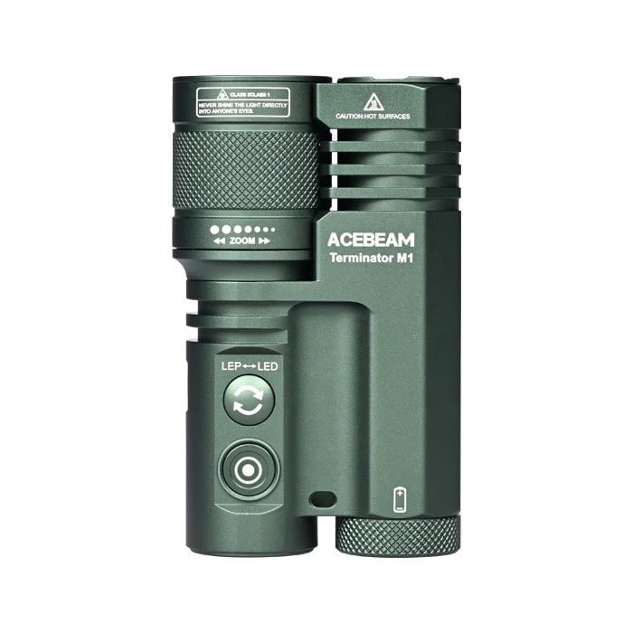 A green Acebeam Terminator M1 Dual Head LEP Flashlight, featuring a zoom function, LED indicator, labeled buttons, and an integrated LED floodlight.