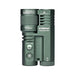 A green Acebeam Terminator M1 Dual Head LEP Flashlight, featuring a zoom function, LED indicator, labeled buttons, and an integrated LED floodlight.