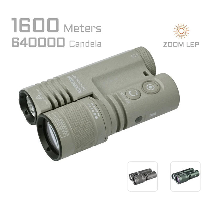 A green tactical flashlight, the Acebeam Terminator M1 Dual Head LEP Flashlight, boasts a range of 1600 meters and a 640,000 candela output. Featuring advanced LEP and LED technologies, the image also showcases two smaller views of the flashlight from different angles alongside the Zoom LEP logo.