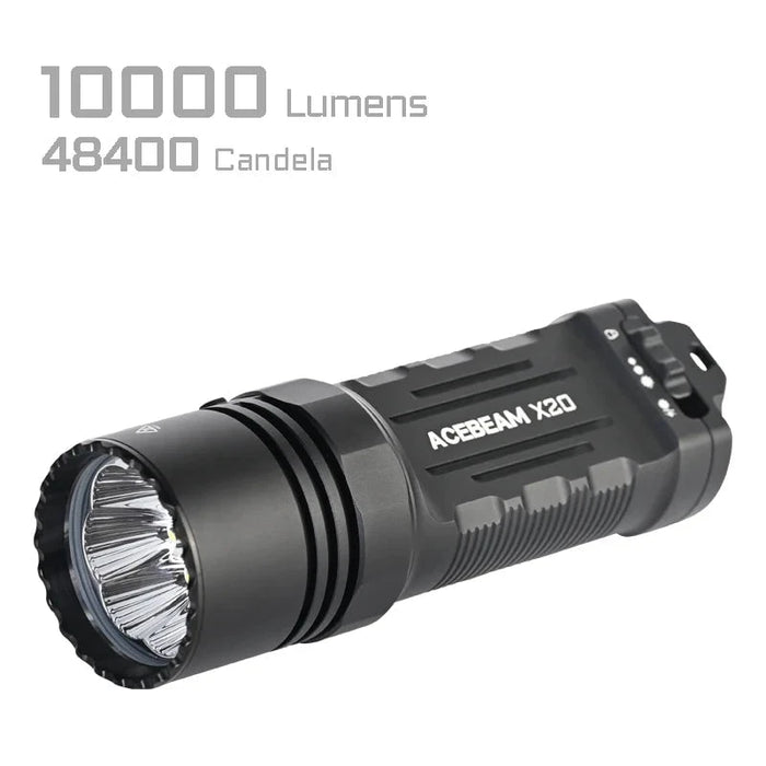 The Acebeam X20 in black is a high-performance tactical flashlight offering 10,000 lumens and 48,400 candela against a white backdrop. It's a reliable searchlight for tough conditions.