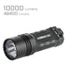 The Acebeam X20 in black is a high-performance tactical flashlight offering 10,000 lumens and 48,400 candela against a white backdrop. It's a reliable searchlight for tough conditions.