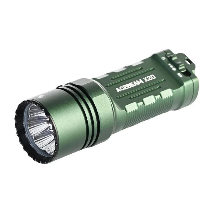 The Acebeam X20 is a durable tactical flashlight with a textured grip and three high-performance LEDs.