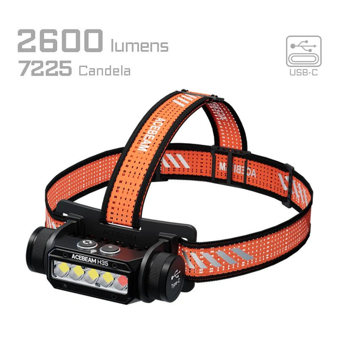 The ACEBEAM H35 headlamp, in orange and black, is a USB-C rechargeable device featuring a high-powered 5-core dual-light source. It includes a strap and three LED lights, offering an impressive brightness of 2600 lumens and 7225 candela.