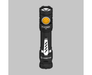 Black Armytek Partner C2 Magnet USB flashlight with a warm hue and yellow power button, displayed on a gray background.