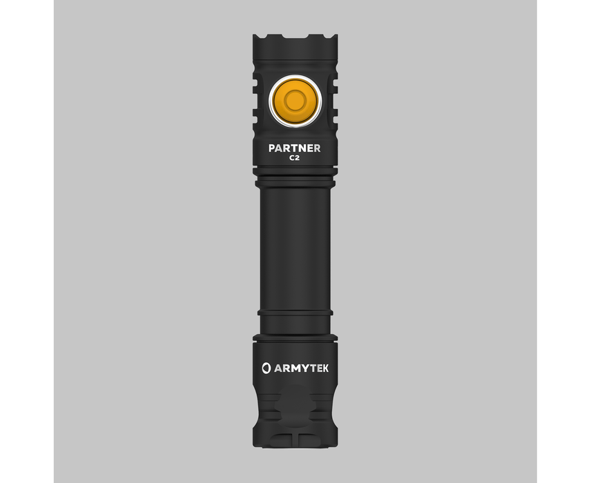 An Armytek Partner C2 Magnet USB flashlight, with a yellow button, is displayed against a gray background.