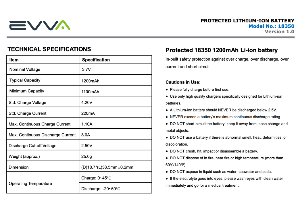 Explore the specs for the EVVA Protected 18350 1200mAh Li-ion battery, detailing its voltage, capacity, usage guidelines, essential cautions, and charging instructions to ensure safe handling.