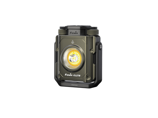 Image of the Fenix CL27R lantern, featuring a rugged design and a 1600-lumen visible yellow light, USB-C rechargeable, shown against a sleek black background.