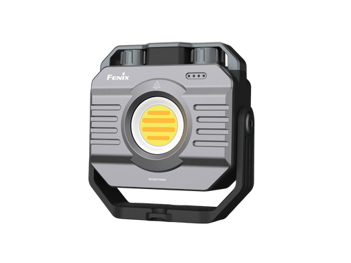 The Fenix CL28R is a gray, compact portable LED lantern with a circular yellow center, equipped with two knobs on top for smooth brightness control, all set against a black background.