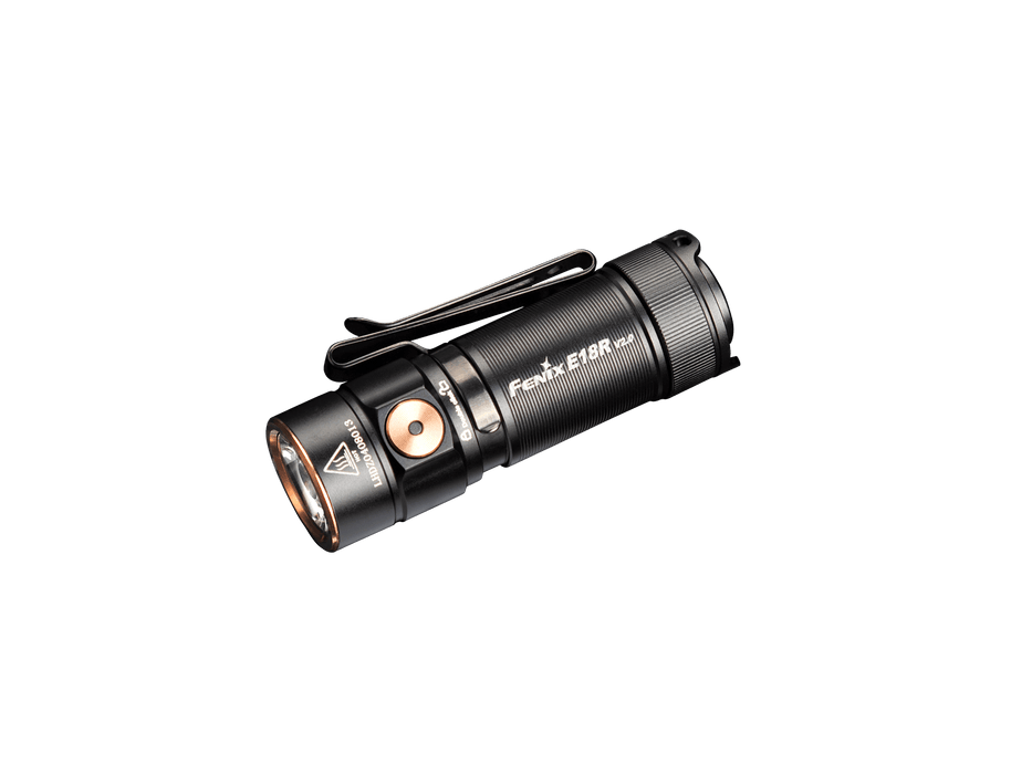 Black rechargeable LED flashlight with a copper button and clip, labeled "Fenix E18R V2," delivering 1200 lumens on a black background. Ideal for everyday carry (EDC).