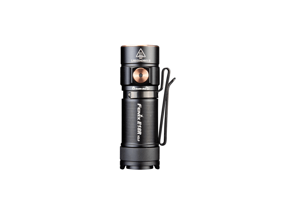 The Fenix E18R V2 is a sleek, black everyday carry (EDC) flashlight featuring a clip and metallic accents, shining brightly against a black background. This rechargeable LED flashlight offers 1200 lumens in a compact design, making it ideal for any adventure.