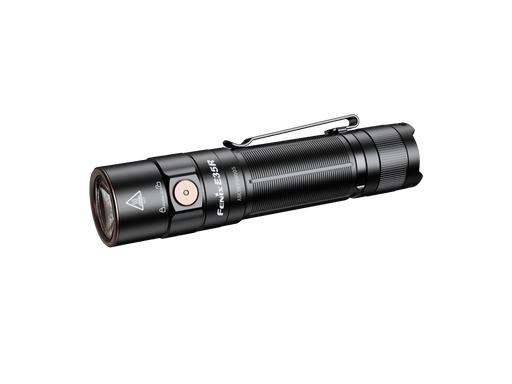 The Fenix E35R, a black high-performance flashlight, is showcased against a dark background. This rechargeable LED flashlight, featuring several buttons and a pocket clip, embodies a compact and portable design perfect for everyday carry.