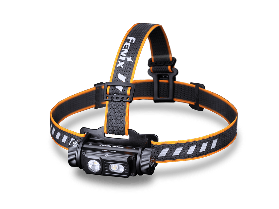 The Fenix HM60R is an outdoor headlamp in black and orange, equipped with an adjustable strap that prominently displays "FENIX." It features two circular lights capable of producing a remarkable 1300 lumens, ensuring bright illumination for your adventures.