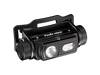 The Fenix HM60R headlamp, featuring 1300 lumens with dual LED lights and an adjustable strap, is shown on a simple black background.