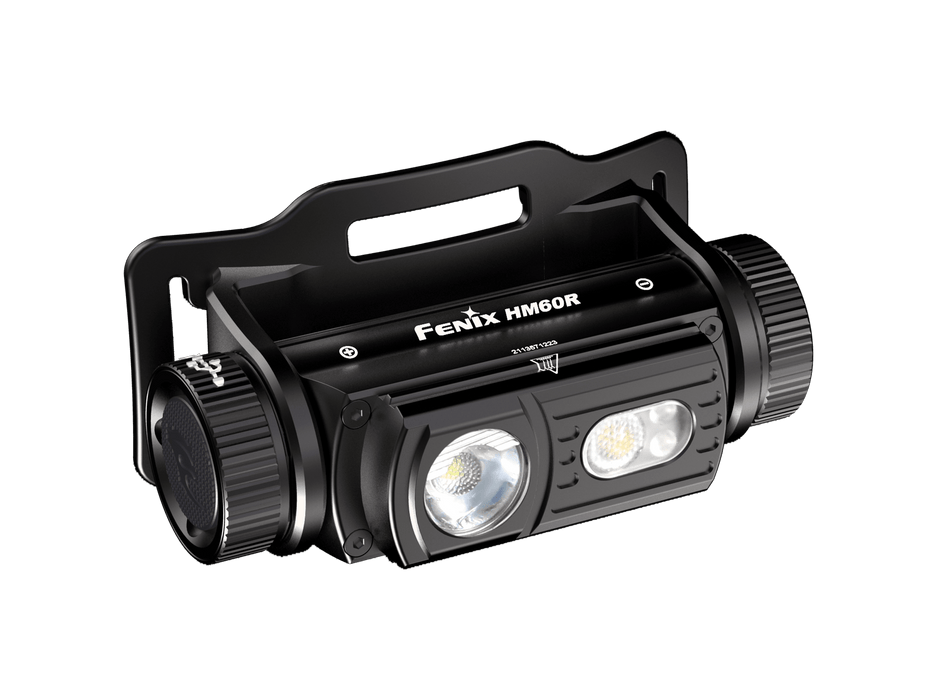 The Fenix HM60R headlamp, featuring 1300 lumens with dual LED lights and an adjustable strap, is shown on a simple black background.