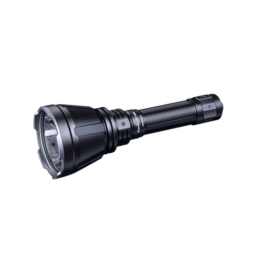 The Fenix HT18R, a black handheld flashlight featuring a textured grip and large lens, offers an impressive 2800-lumen brightness and exceptional beam distance, showcased at an angle against a white background.