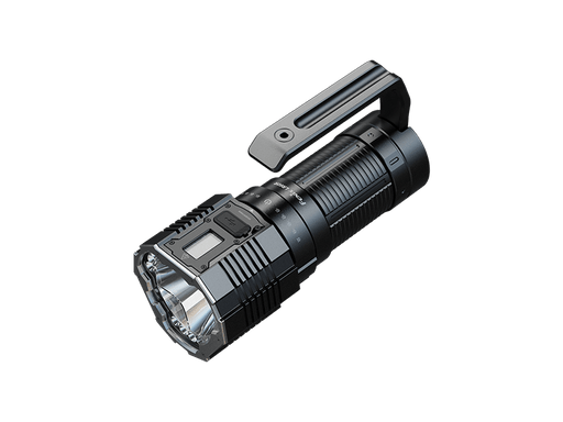 The Fenix LR60R is a black, handheld flashlight with a distinctive large square head and a digital display on its side. It includes a ribbed grip and a wide handle on top, making it ideal for anyone in need of a dependable long-range lighting solution.