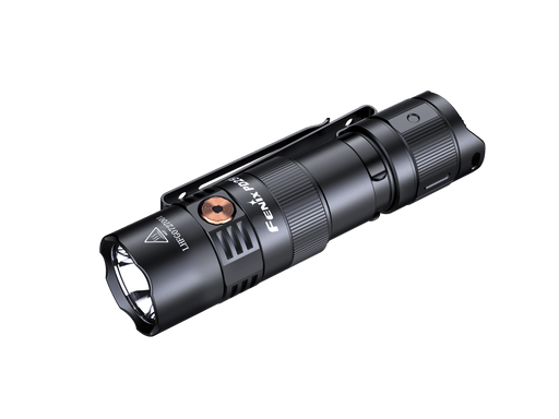 Meet the Fenix PD25R, a black, compact EDC flashlight adorned with visible brand markings and equipped with a belt clip for ultimate convenience. Set against a black background, this rechargeable device utilizes USB Type-C technology for fast and efficient charging.