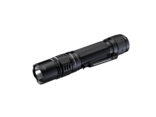 A black tactical flashlight from Fenix, the PD36R Pro, with a metal body, textured grip, and clip is positioned against a plain white background. It stands out with its powerful 2800 lumens.