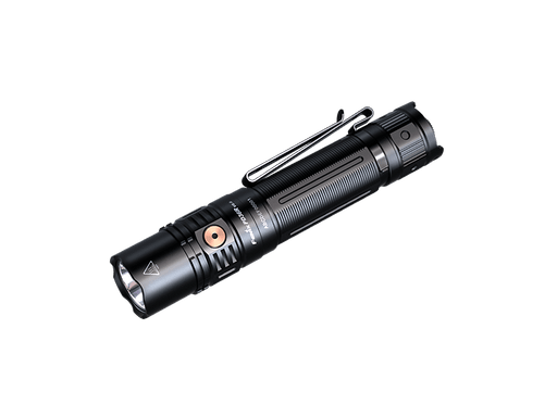 The Fenix PD36R V2 flashlight boasts a sleek black design with a textured grip, offering 1700 lumens of intense illumination and the convenience of USB Type-C charging. Its built-in belt clip allows for effortless access during all your adventures.