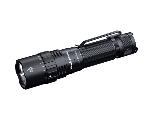 The Fenix PD40R V3.0 is a super bright LED flashlight in a black tactical model, offering 3000 lumens with a metal clip, textured grip, and multiple settings. It features a rechargeable design to ensure it's always ready for action, all displayed against a black background.