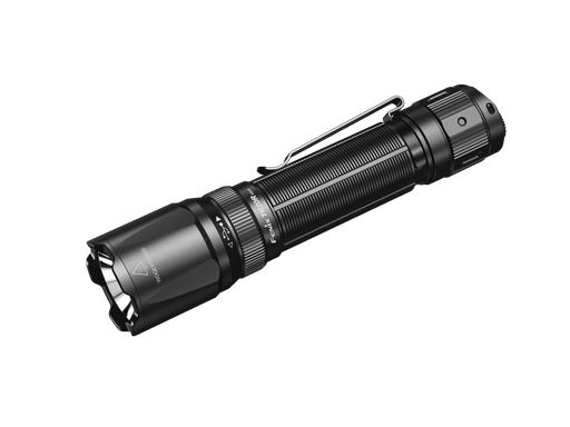 The Fenix TK20R V2.0 is a black tactical flashlight that boasts 3000 lumens and features a textured grip, pocket clip, and side power button. It includes USB Type-C charging and is set against a solid black background, ensuring both power and convenience in your hand.