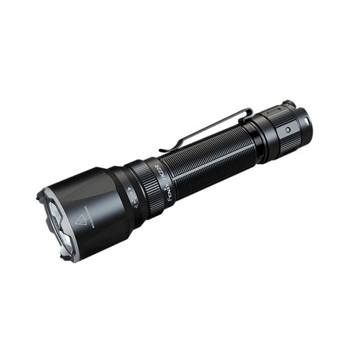 The Fenix TK22R is a black, heavy-duty tactical flashlight equipped with a textured handle and clip. It boasts a wide, round light head that produces an impressive 3200 Lumens and includes convenient USB-C charging for fast power-ups.