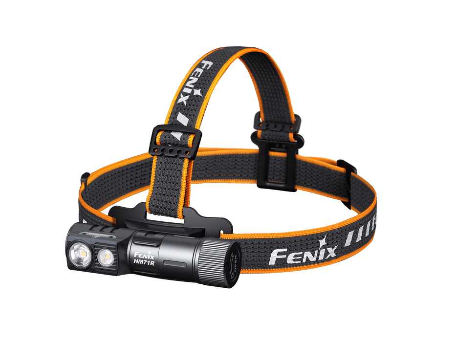 The Fenix HM71R is a black and orange rechargeable headlamp featuring dual LED lights and an adjustable strap, providing high-performance illumination at 2700 lumens with the Fenix brand logo.