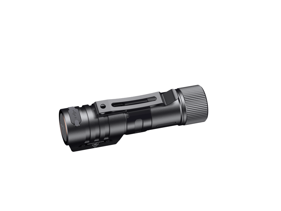 The Fenix HM71R, a compact black flashlight with a side clip, is positioned against a black background, evoking the durability and versatility characteristic of industrial applications.