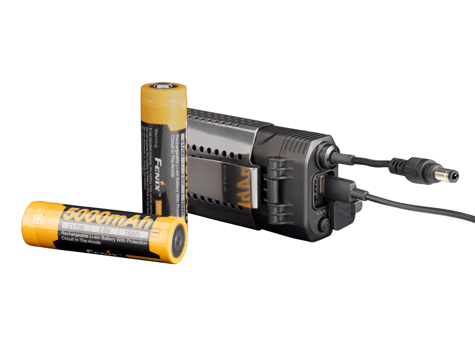 The Fenix HP30R V2.0 charger set includes a pair of yellow batteries and an elegant black charger with an attached cable, all presented on a striking black backdrop. It's ideal for fueling your high-energy headlamp expeditions.