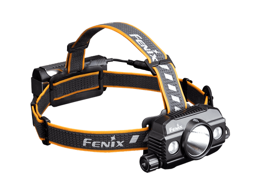 The Fenix HP30R V2.0 headlamp combines a sleek design in black and orange with a central LED light capable of 3000 lumens, and it includes adjustable straps for maximum comfort.