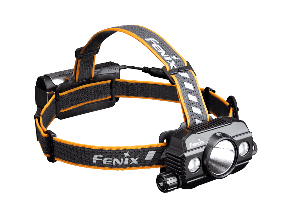 The Fenix HP30R V2.0 headlamp combines a sleek design in black and orange with a central LED light capable of 3000 lumens, and it includes adjustable straps for maximum comfort.