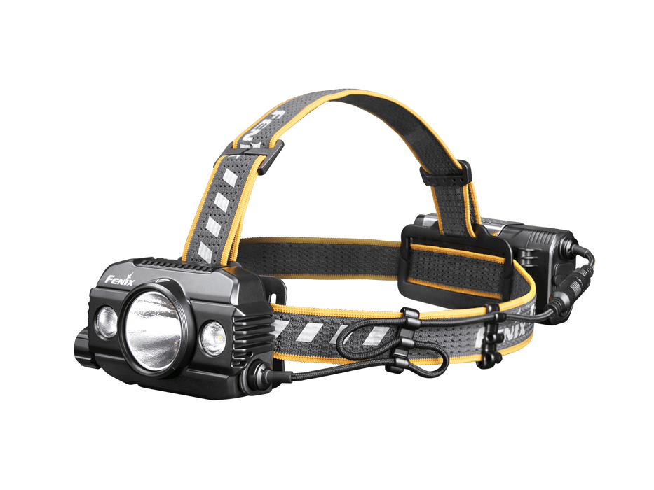 The Fenix HP30R V2.0 is a headlamp in black and yellow, equipped with adjustable straps and an ultra-bright central lamp unit that delivers 3000 Lumens.