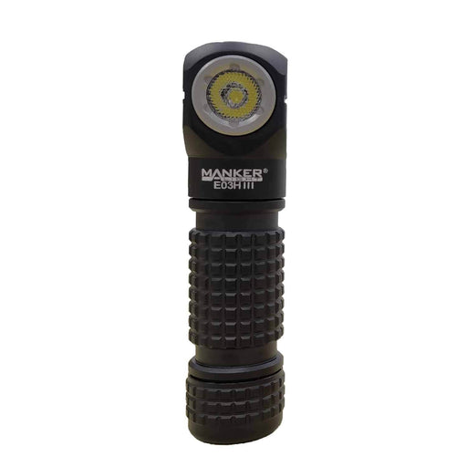 The premium everyday carry angle flashlight, the Black Manker E03H III, stands upright with a textured grip and a visible LED bulb, offering up to 1200 lumens.