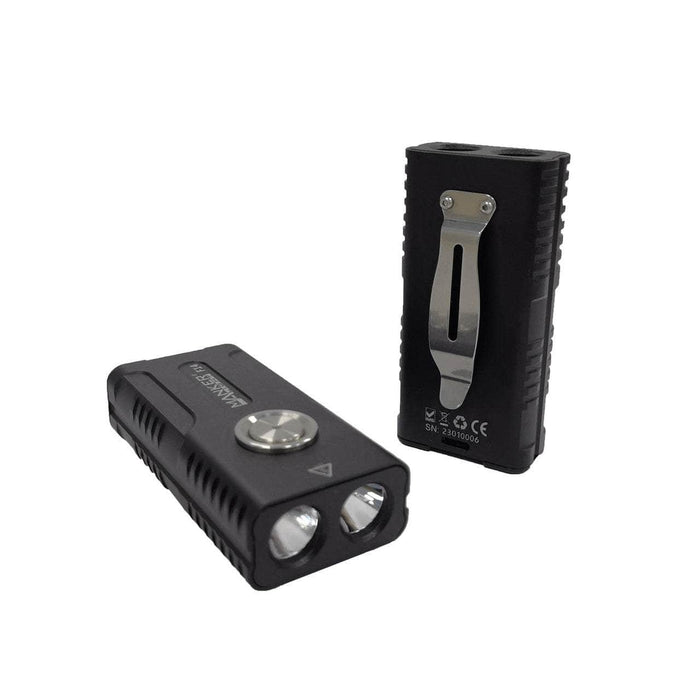 Two black rectangular Manker F14 Flighter Dual Beam Multi-Purpose EDC Flashlights, one standing upright showing a metal clip on the back, and the other lying horizontally displaying its buttons and lenses.