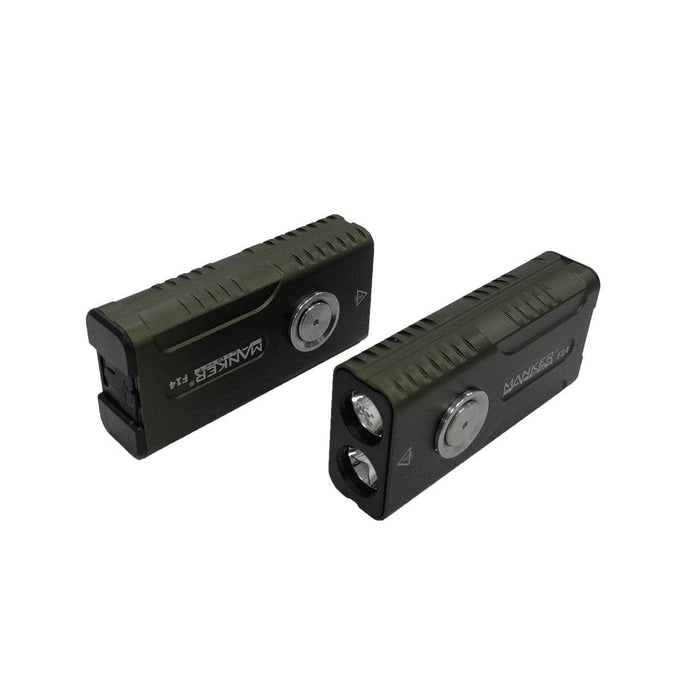 Two green, rectangular Manker F14 Flighter Dual Beam Multi-Purpose EDC Flashlights are shown, one displaying its front with dual beam light sources and the other showing its back side with a clip.