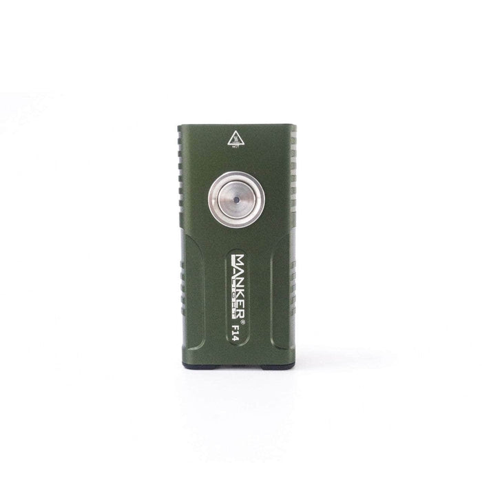 A compact, rectangular electronic device with a metallic button on the front, labeled "Manker F14 Flighter Dual Beam Multi-Purpose EDC Flashlight" and featuring a green outer casing, this multi-purpose EDC flashlight offers versatile illumination.