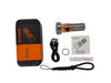 A compact Pocket EDC Flashlight set, including the Manker MC13 II Pocket EDC Flashlight - Titanium & Copper, USB charging cable, spare O-ring, instruction manual, branded box, lanyard, and lithium battery.