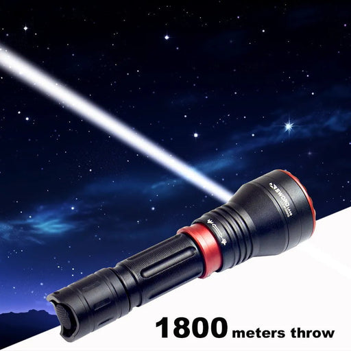 A Maxtoch LA40 Pocket Rotary Focusing LEP with LEP technology emits a narrow beam of light into the night sky. Text at the bottom reads "1800 meters throw.
