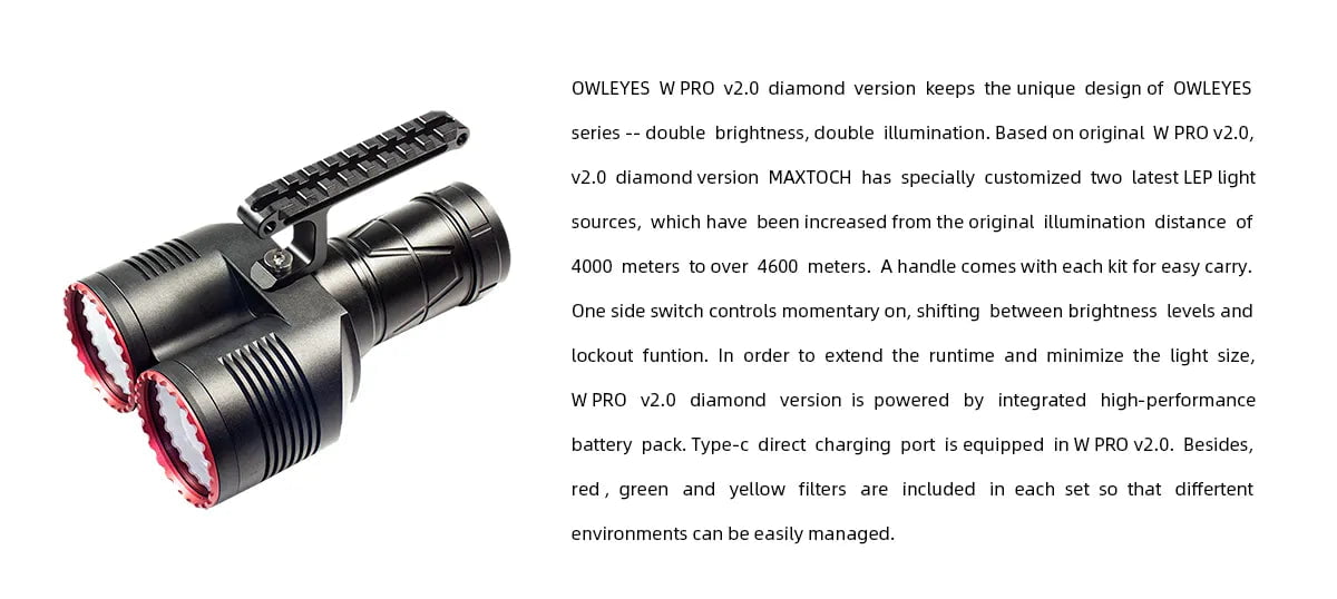 A two-barrel flashlight with grip and controls is shown, alongside text detailing its features, such as double brightness, 4600-meter beam range, and the availability of different filters. This Maxtoch Owleyes W Pro v2.0 (Diamond version) LEP SpotLight model offers top-tier performance for demanding situations.
